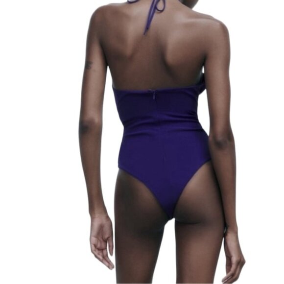 NWT ZARA Floral Halter Top Bodysuit in Blue Size Medium Flower Detail Women's - Picture 2 of 10